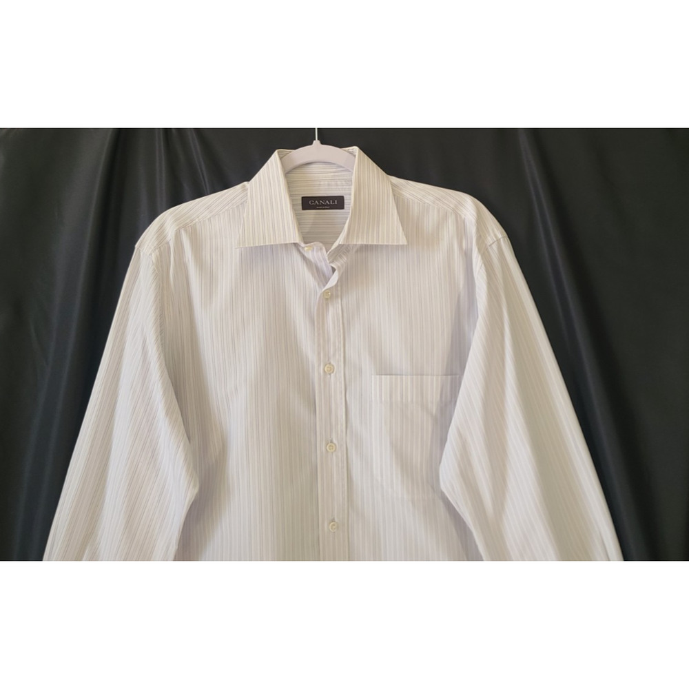 Canali Mens White Light Purple Pinstripe Cotton Dress Shirt US Large 41/16